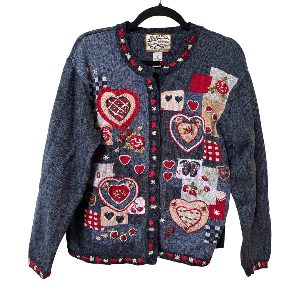 Heirloom Collectibles Vintage Heart Patchwork Cardigan Sweater Blue Red Medium